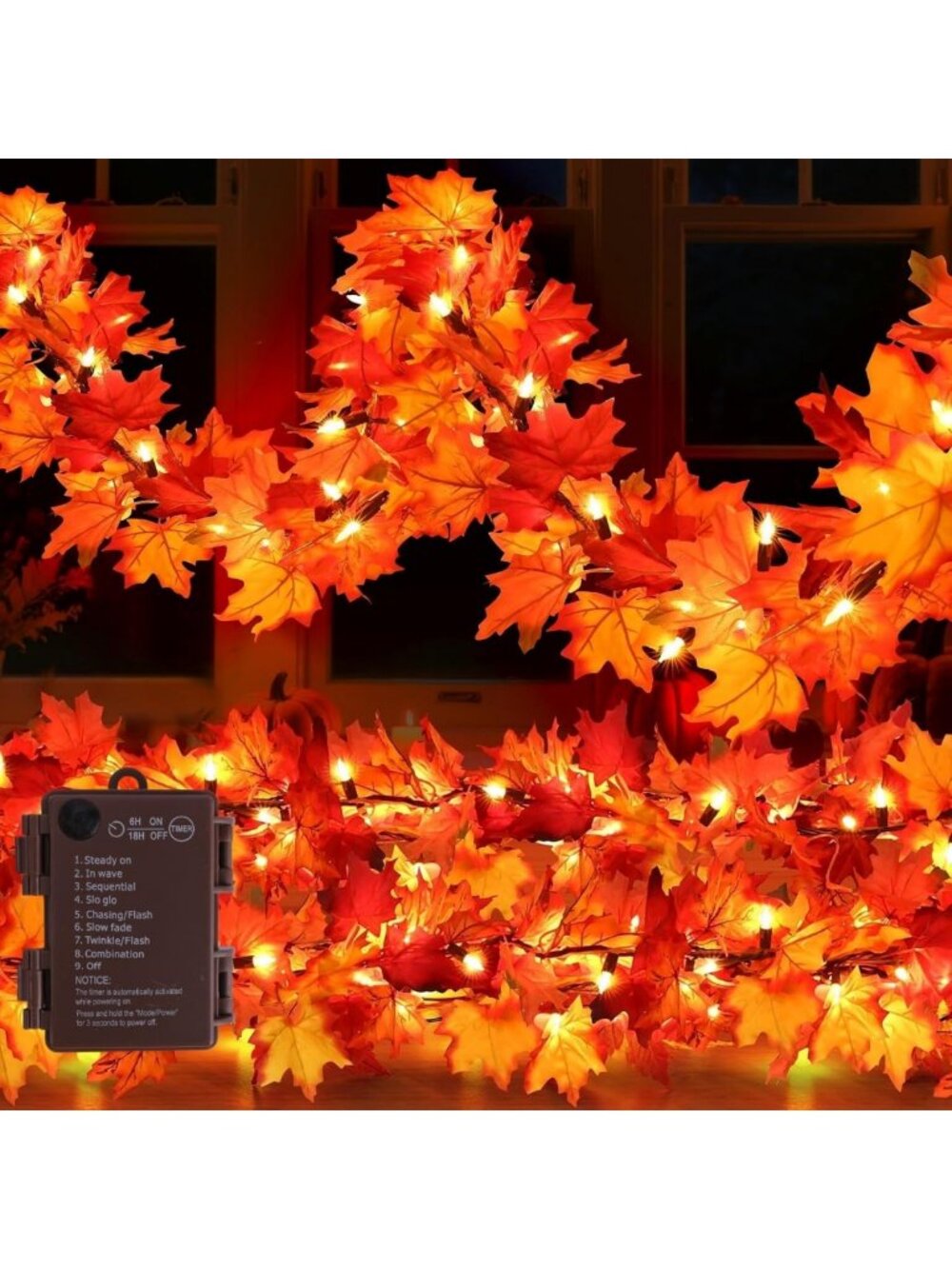 3 Pack Fall Home Decor - 12ft Maple Leaf Garland with 50 LED Lights, Waterproof